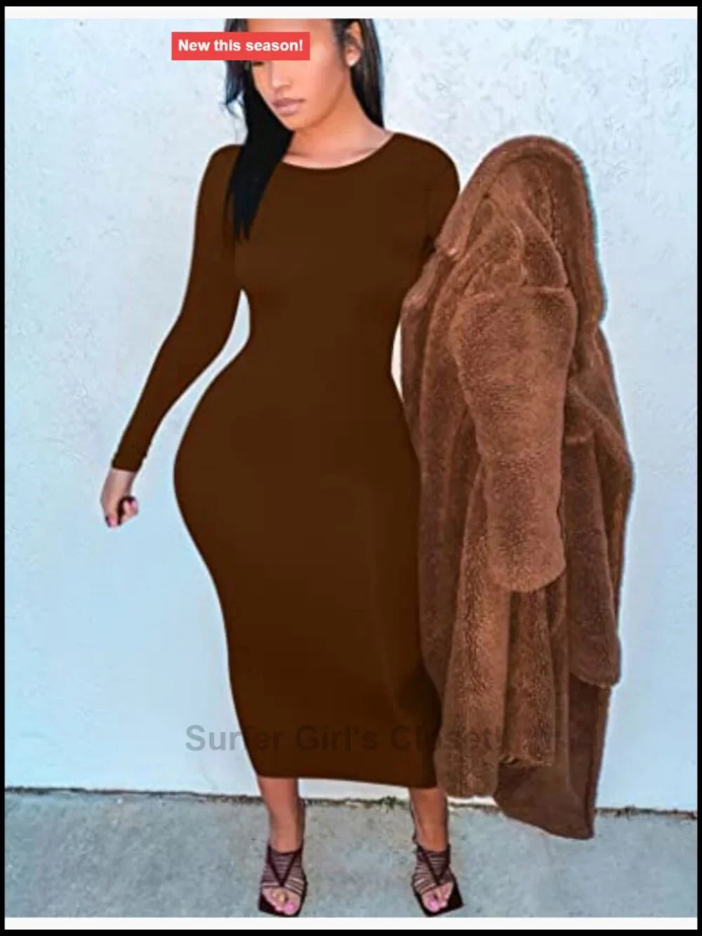 Women's Bodycon Long Sleeve Midi Pencil Dress